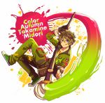  1boy alternate_costume aoyagi_(ao0701yagi) art_brush blue_eyes brown_hair character_name converse ensemble_stars! gloves highres holding jumpsuit looking_at_viewer male_focus paint paint_splatter paintbrush shoes smile sneakers takamine_midori tongue tongue_out unzipped 