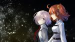  2girls ahoge blush fate/grand_order fate_(series) fujimaru_ritsuka_(female) glasses hair_over_one_eye jacket looking_at_another multiple_girls necktie one_side_up orange_hair purple_hair red_necktie shielder_(fate/grand_order) short_hair sky star_(sky) starry_sky tamae_(pixiv40276) uniform violet_eyes 