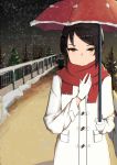  1girl absurdres artist_request black_hair braid brown_eyes coat french_braid gloves hair_ribbon highres kimi_no_na_wa miyamizu_mitsuha older railing red_ribbon red_scarf red_umbrella ribbon scarf snow spoilers tree umbrella white_coat white_gloves 