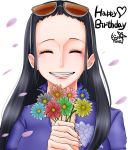  1girl ^_^ black_hair closed_eyes crying floral_print flower forehead grin happy happy_birthday happy_tears highres holding holding_flower jacket long_hair nico_robin one_piece petals simple_background smile solo sunglasses sunglasses_on_head tears white_background 
