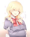  +++ 1girl ^_^ blonde_hair bow closed_eyes dress hair_twirling highres laughing long_hair maribel_hearn no_hat no_headwear open_mouth purple_dress shimishimi15 smile solo touhou 