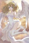  1girl angel angel_wings blonde_hair blue_eyes breasts cleavage clouds covered_navel dress full_body highres lace lace-trimmed_dress lace-trimmed_thighhighs long_hair medium_breasts open_mouth original solo strapless strapless_dress tanmaco thigh-highs wavy_hair white_dress white_legwear white_wings wings 