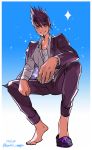  1boy barefoot beard black_hair blue_background dangan_ronpa eye_contact eyelashes facial_hair goatee highres jacket jacket_on_shoulders jacket_over_shoulder looking_at_another looking_at_viewer male_focus momota_kaito new_dangan_ronpa_v3 pants purple_hair reaching_out school_uniform shirt short_hair simple_background slippers slippers_removed smile space space_print spiky_hair squatting starry_sky_print uniform violet_eyes 