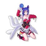  1girl ahri animal_ears ball breasts cleavage detached_sleeves grin high_heels jey_rain kneeling league_of_legends multiple_tails purple_hair smile solo tail violet_eyes 