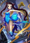  1girl bare_shoulders black_hair blue_eyes dress harp highres instrument long_hair looking_at_viewer solo twintails wangchuan_de_quanyan 
