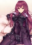  1girl armor blush bodysuit breasts commentary_request covered_navel fate/grand_order fate_(series) fukuda_shuushi highres large_breasts long_hair looking_at_viewer pauldrons purple_bodysuit purple_hair red_eyes scathach_(fate/grand_order) shoulder_armor sitting skin_tight solo very_long_hair 
