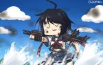  1girl :3 ahoge black_hair blue_sky cannon clouds commentary hamu_koutarou highres kako_(kantai_collection) kantai_collection long_hair midriff pleated_skirt ponytail school_uniform serafuku skirt sky sweatdrop teruyof waves 