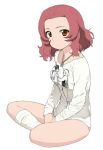  1girl a1 alternate_costume bangs bare_legs brown_eyes chain_necklace commentary_request girls_und_panzer looking_at_viewer open_mouth panties parted_bangs pink_panties redhead rosehip shirt short_hair t-shirt underwear white_shirt 
