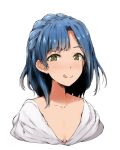  1girl :q asterisk_(artist) blue_hair blush braid breasts cleavage collarbone idolmaster idolmaster_million_live! looking_at_viewer nanao_yuriko open_mouth short_hair smile solo tongue tongue_out upper_body white_background yellow_eyes 