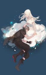  1boy 1girl black_hair black_jacket boots capri_pants dress final_fantasy final_fantasy_xv highres jacket lap_pillow lunafreya_nox_fleuret noctis_lucis_caelum pants petting platina77 sleeping white_dress white_hair 