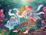  1boy 1girl barefoot blonde_hair breasts bubble closed_eyes dress fairy_tail grey_jacket highres jacket kiss large_breasts leonstar long_hair lucy_heartfilia natsu_dragneel open_clothes open_jacket pink_hair scarf sideboob spiky_hair tattoo underwater white_scarf 