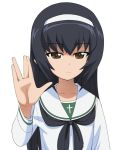  1girl a1 bangs black_hair blouse brown_eyes commentary_request frown girls_und_panzer hairband long_hair long_sleeves reizei_mako salute school_uniform serafuku solo upper_body vulcan_salute white_blouse white_hairband 