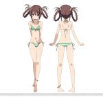  1girl :o aika_(mitou_shoukan) anklet ass bare_legs bare_shoulders barefoot bikini braid brown_hair character_sheet dengeki_bunko eyebrows_visible_through_hair flat_chest full_body hair_between_eyes hair_ornament hair_ribbon hair_rings ikawa_waki jewelry looking_at_viewer mitou_shoukan://blood_sign navel official_art ribbon side-tie_bikini simple_background solo striped striped_bikini swimsuit twintails watermark white_background 