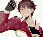  1boy black_gloves brown_hair clenched_hand collarbone ensemble_stars! fingerless_gloves gloves grin jacket looking_at_viewer morisawa_chiaki red_eyes salute shizu_(9394marimo) simple_background smile solo two-finger_salute upper_body 