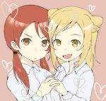  2girls blonde_hair brown_eyes collared_shirt commentary_request demi-chan_wa_kataritai double_bun dress_shirt fang gedou_(ge_ge_gedou) hair_bun hand_holding interlocked_fingers long_sleeves looking_at_viewer low_twintails medium_hair multiple_girls open_mouth redhead shirt siblings sisters standing takanashi_hikari takanashi_himari tied_hair twintails vampire white_shirt yellow_eyes 