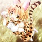  1girl animal_ears bare_shoulders blonde_hair bow bowtie breasts cat_ears cat_tail commentary_request eyebrows_visible_through_hair kemono_friends looking_at_viewer open_mouth paw_pose serval_(kemono_friends) short_hair skirt sleeveless smile solo tail watarui yellow_eyes 