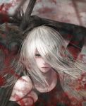  1girl black_gloves blood blood_splatter closed_mouth elbow_gloves expressionless gloves grey_eyes hair_over_one_eye highres holding holding_sword holding_weapon long_hair looking_at_viewer nier_(series) nier_automata silver_hair solo sword upper_body weapon yamamoto_no_ari yorha_no._2_type_b 
