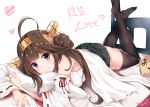  1girl ahoge bare_shoulders bed black_legwear boots brown_hair detached_sleeves double_bun hairband highres japanese_clothes kantai_collection kongou_(kantai_collection) long_hair looking_at_viewer lying nontraditional_miko on_stomach pillow remodel_(kantai_collection) ribbon-trimmed_sleeves ribbon_trim sin-poi solo the_yuudachi-like_creature thigh-highs thigh_boots violet_eyes 