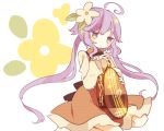  1girl ahoge biwa_lute brown_dress daizu_(melon-lemon) dress flower hair_flower hair_ornament instrument long_hair long_sleeves low_twintails lute_(instrument) multicolored multicolored_eyes purple_hair short_dress solo touhou tsukumo_benben twintails very_long_hair violet_eyes 