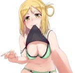  1girl blonde_hair blurry blush bra braid breasts camisole camisole_lift cleavage depth_of_field foreshortening french_braid green_bra green_panties hanging_breasts highres lace lace-trimmed_bra love_live! love_live!_sunshine!! medium_breasts nanotsuki navel ohara_mari one_side_up panties simple_background single_braid solo strap_slip underwear white_background yellow_eyes 