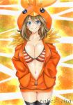  1girl alternate_costume artist_name bikini black_legwear blue_eyes blush breasts brown_hair cleavage closed_mouth collarbone commentary_request eyebrows_visible_through_hair hair_between_eyes hand_in_pocket haruka_(pokemon) highres large_breasts looking_at_viewer navel pokemon smile solo striped striped_bikini swimsuit takecha thigh-highs unzipped 