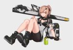  1girl bandaid bandaid_on_knee bike_shorts breasts brown_eyes brown_hair cancell cleavage fingerless_gloves gloves hair_ornament hairclip looking_at_viewer original ponytail railgun short_hair simple_background solo 