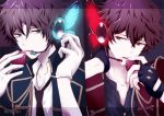  2boys black_gloves blue_eyes butterfly_wings ensemble_stars! food fruit gloves hand_behind_head headset letterboxed looking_at_another magnet_(vocaloid) male_focus mikku morisawa_chiaki multiple_boys necktie parted_lips red_eyes sena_izumi_(ensemble_stars!) song_name split_screen strawberry takamine_midori upper_body white_gloves wings 