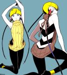  1girl armpits arms_up ass back bangs bare_shoulders blonde_hair blue_background blue_eyes breasts closed_mouth earphones from_behind gym_leader kamitsure_(pokemon) kneeling leggings legs looking_at_viewer looking_back meme_attire monochrome muu1519 plug pokemon pokemon_(game) pokemon_bw short_hair simple_background sleeveless sweater turtleneck turtleneck_sweater virgin_killer_sweater 