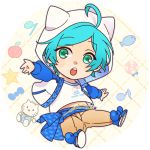  1boy :0 ahoge alternate_costume animal_hood aqua_eyes aqua_hair blue_eyes blue_hair cat_hood chains chibi ensemble_stars! full_body gold_chain hello_kitty hood jacket lowres male_focus musical_note nayuta_(charinkoo) open_clothes open_jacket quaver sash shinkai_kanata shoes sneakers solo 