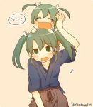  :d ^_^ chibi closed_eyes collarbone commentary dual_persona green_eyes green_hair hair_ribbon hakama_skirt hands_on_another&#039;s_head ina_(1813576) japanese_clothes kantai_collection open_mouth remodel_(kantai_collection) ribbon short_twintails smile twintails twitter_username zuikaku_(kantai_collection) 