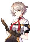  1girl adjusting_clothes adjusting_gloves breasts bullet cleavage eyeliner girls_frontline gloves hair_between_eyes looking_at_viewer luse_maonang makeup necktie short_hair silver_hair solo tdi_vector_(girls_frontline) yellow_eyes 