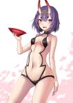  1girl alcohol arched_back bangs blue_eyes blush breasts collarbone cowboy_shot cup eyebrows_visible_through_hair fang fate/grand_order fate_(series) gem hair_between_eyes hand_up highres looking_at_viewer navel oni_horns open_mouth purple_hair revealing_clothes sakazuki sake short_hair_with_long_locks shuten_douji_(fate/grand_order) small_breasts smile solo thick_eyebrows wenhe white_background 