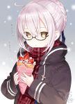  1girl :o ahoge bangs black-framed_eyewear blue_ribbon braid commentary_request crepe fate/grand_order fate_(series) food fruit glasses hair_ribbon heroine_x heroine_x_(alter) hibanar holding holding_food jacket long_sleeves looking_at_viewer plaid plaid_scarf red_scarf ribbon saber_(fate) scarf school_uniform semi-rimless_glasses silver_hair solo strawberry translation_request under-rim_glasses upper_body yellow_eyes 