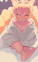  1girl animal_ears blonde_hair breasts cleavage collarbone come_hither fox_ears fox_tail from_above highres looking_at_viewer multiple_tails naked_blanket nude short_hair sinzan smile solo tail touhou yakumo_ran yellow_eyes 