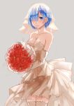  1girl bangs bare_shoulders blue_eyes blue_hair blunt_bangs bouquet breasts bridal_veil cleavage closed_mouth collarbone cowboy_shot dress elbow_gloves flower gloves grey_background hair_ornament hair_over_one_eye highres holding holding_bouquet large_breasts looking_at_viewer re:zero_kara_hajimeru_isekai_seikatsu red_rose rem_(re:zero) rose short_hair simple_background sketch smile solo tareme thigh-highs veil wedding_dress wenhe white_dress white_gloves white_legwear x_hair_ornament 