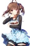  1girl :q ahoge apron bangs black_blouse black_legwear blouse blush bowl brown_hair chocolate cowboy_shot eyebrows_visible_through_hair food food_on_face hair_ornament hair_scrunchie highres holding holding_bowl idolmaster idolmaster_million_live! legs_apart long_hair long_sleeves looking_to_the_side mixing_bowl open_mouth polka_dot polka_dot_apron ro_risu scrunchie shorts side_ponytail simple_background solo thigh-highs tongue tongue_out valentine white_background yokoyama_nao 