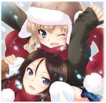  2girls bangs black_hair black_sweater blonde_hair blue_eyes blue_skirt boots brown_boots brown_hat carrying casual girls_und_panzer hat katyusha long_hair long_sleeves looking_at_viewer miniskirt multiple_girls nonna one_eye_closed open_mouth pleated_skirt red_scarf scarf short_hair shoulder_carry skirt smile snow sweater swept_bangs thigh-highs white_legwear yano_takumi 