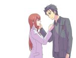  1boy 1girl alternate_costume belt black_hair blue_eyes brown_eyes brown_hair couple cowboy_shot facial_hair formal hand_on_another&#039;s_face hetero labcoat long_hair looking_at_another makise_kurisu necktie ocha_(mgmg_ok) okabe_rintarou open_mouth pants pen_in_pocket short_hair steins;gate stubble suit vest white_background 