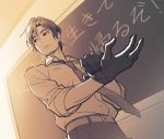  1boy adjusting_clothes adjusting_gloves belt boku_dake_ga_inai_machi chalkboard closed_mouth dress_shirt dutch_angle gloves jumping_dogeza looking_to_the_side male_focus red_eyes sepia shirt solo spoilers yashiro_gaku 