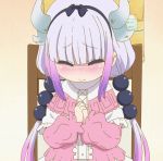  1girl beads blush closed_eyes eyebrows_visible_through_hair hair_beads hair_ornament highres horns kanna_kamui kobayashi-san_chi_no_maidragon multicolored_hair screencap stitched twintails 