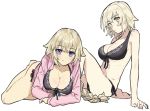  2girls arm_support bare_legs barefoot bikini black_bikini blonde_hair blush braid breasts cleavage eyebrows_visible_through_hair fate/apocrypha fate/grand_order fate_(series) front-tie_bikini front-tie_top full_body halterneck highres jacket jeanne_alter large_breasts leaning_back light_smile long_hair looking_at_viewer lying multiple_girls nari ruler_(fate/apocrypha) short_hair side-tie_bikini simple_background single_braid sitting swimsuit violet_eyes white_background yellow_eyes 