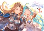  2girls ahoge anniversary armor blue_hair brown_hair catalina_(granblue_fantasy) closed_eyes countdown dress earrings gem granblue_fantasy hair_intakes highres interlocked_fingers jewelry long_hair looking_at_viewer lyria_(granblue_fantasy) minaba_hideo multiple_girls official_art open_mouth red_eyes simple_background smile upper_body white_background white_dress 
