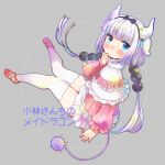  1girl bangs beads black_bow black_hairband blue_eyes blunt_bangs blush bow capelet dragon_girl dragon_horns dragon_tail dress full_body grey_background hair_beads hair_bow hair_ornament hairband highres horns kanna_kamui kinohe knees_together_feet_apart kobayashi-san_chi_no_maidragon long_hair long_sleeves looking_at_viewer monster_girl red_shoes shoes short_dress silver_hair simple_background solo tail thick_thighs thigh-highs thighs tied_hair twintails white_legwear zettai_ryouiki 