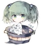  1girl bucket character_name commentary_request green_eyes green_hair hair_bobbles hair_ornament in_bucket in_container japanese_clothes kimono kisume kotatu_(akaki01aoki00) short_hair smile solo touhou twintails white_kimono 