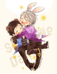  2boys ^_^ animal_ears bear_ears bear_tail black_hair bunny_tail closed_eyes english hand_holding ice_skates katsuki_yuuri male_focus multiple_boys nemui_(sleep_goodbye) open_mouth rabbit_ears silver_hair skates smile tail twitter_username viktor_nikiforov yuri!!!_on_ice 