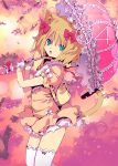  1girl animal_ears blonde_hair cat_ears cat_tail cover cover_page dress gloves looking_at_viewer mamecchi original parasol short_hair solo tail thigh-highs umbrella 