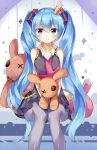  1girl blue_eyes blue_hair crown hatsune_miku kimagure_mercy_(vocaloid) long_hair looking_at_viewer mini_crown pantyhose peanuts_(asd313175) sitting skirt smile solo stuffed_animal stuffed_bunny stuffed_toy twintails very_long_hair vocaloid 