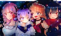  4girls black_hair blonde_hair blush goggles goggles_around_neck hat headphones mahou_shoujo_ikusei_keikaku momizi11005 multiple_girls ninja one_eye_closed pink_eyes pink_hair purple_hair ripple_(mahoiku) ruler_(mahoiku) scarf smile star swim_swim top_speed violet_eyes witch witch_hat 