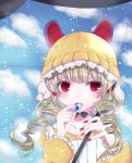  1girl blonde_hair candy drill_hair eating food highres kyun_(vacaloid) mahou_shoujo_ikusei_keikaku mahou_shoujo_ikusei_keikaku_jokers nail_polish open_mouth red_eyes solo umbrain umbrella 