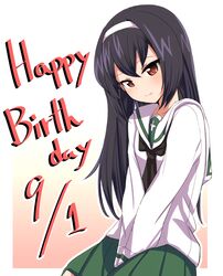  1girl bangs black_hair blouse brown_eyes chawan_(yultutari) closed_mouth dated english girls_und_panzer gradient gradient_background green_skirt hairband happy_birthday highres long_hair long_sleeves looking_at_viewer miniskirt neckerchief pink_background pleated_skirt reizei_mako school_uniform serafuku skirt smile solo standing upper_body v_arms white_blouse white_hairband 